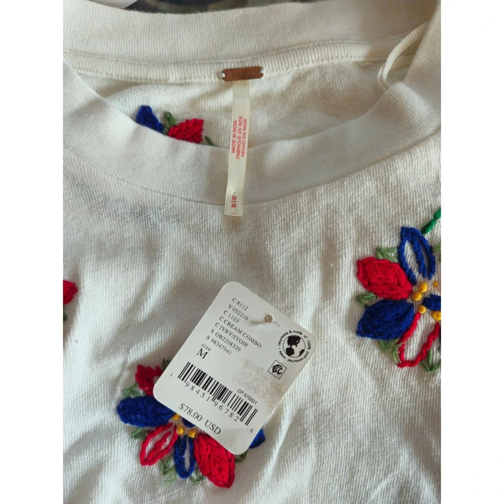 Free People Petal Tee Embroidered Women Size M Cream Floral Cotton Boho Cottage